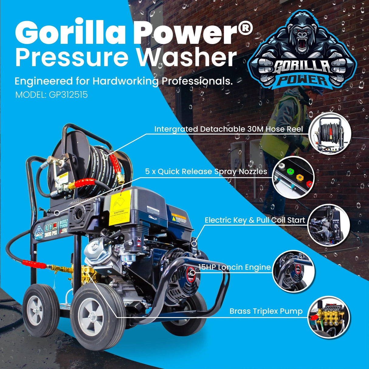 Kiam GORILLA POWER® 3100PSI 25LPM 15HP Petrol Pressure Washer Loncin Engine - Armstrong Cheshire