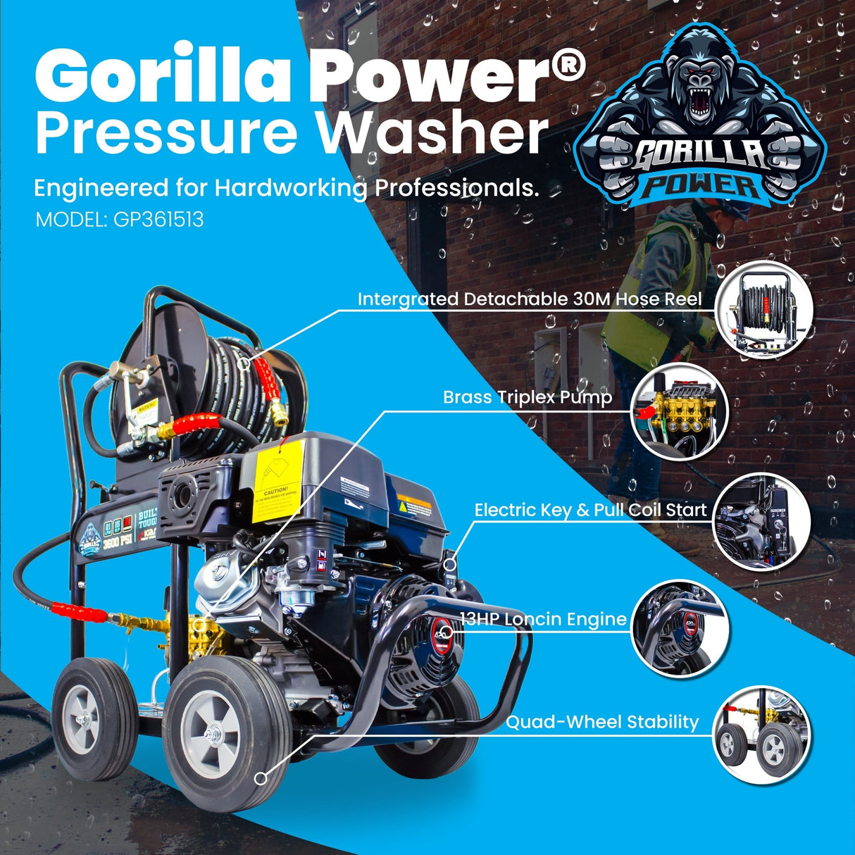Kiam GORILLA POWER® 3600PSI 15LPM 13HP Petrol Pressure Washer Loncin Engine - Armstrong Cheshire