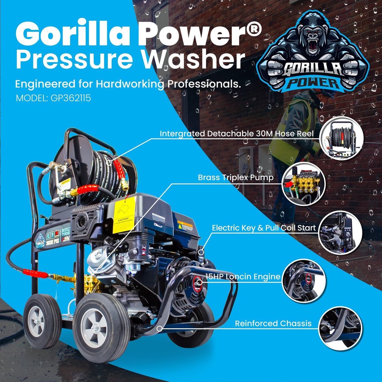 Kiam GORILLA POWER® 3600PSI 21LPM 15HP Petrol Pressure Washer Loncin Engine - Armstrong Cheshire