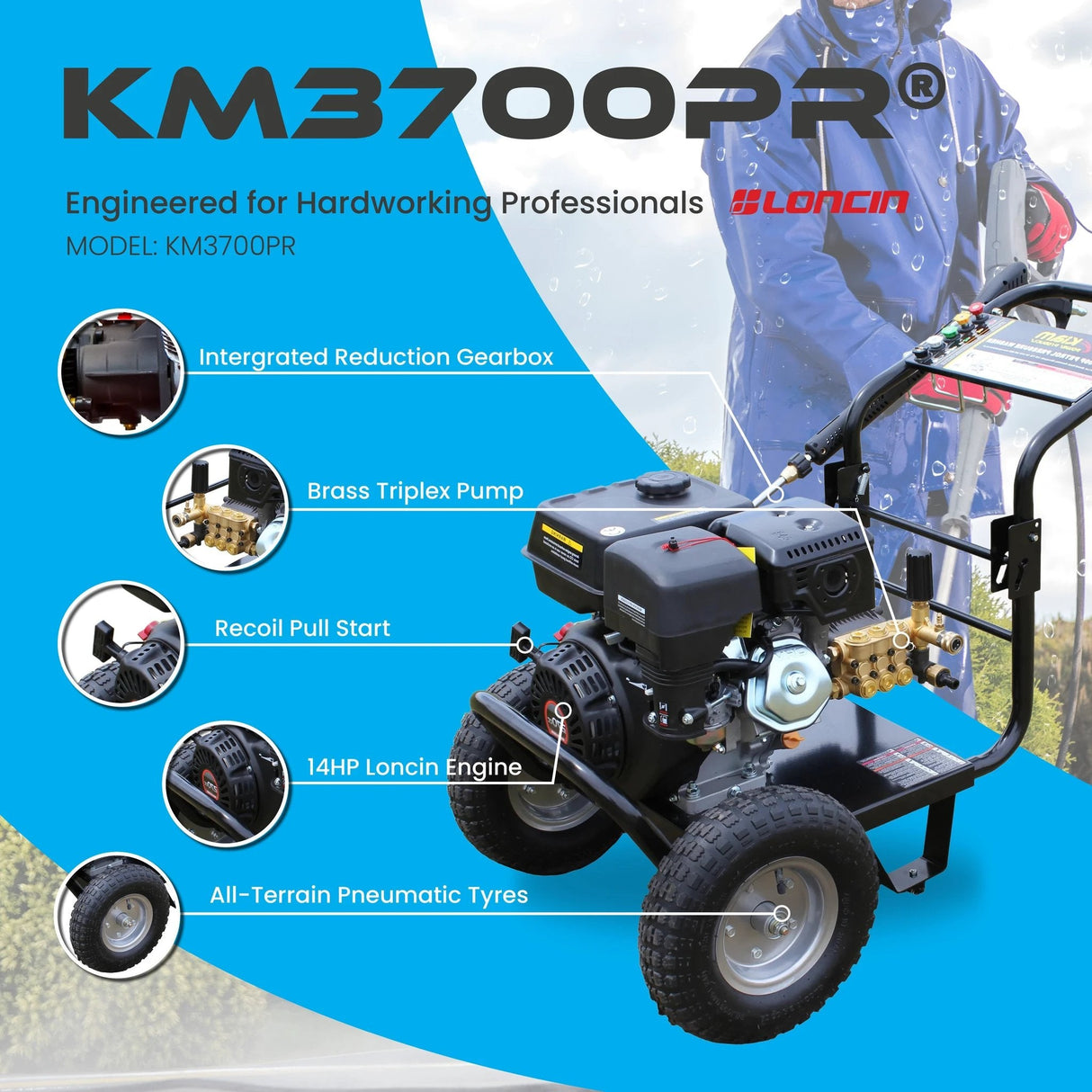 Kiam KM3700PR Petrol High Pressure Washer Jet Cleaner - Gearbox Version (14HP) - Armstrong Cheshire
