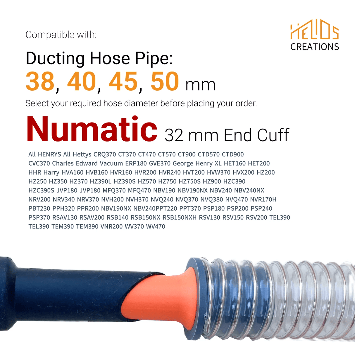 Numatic, Henry family to Ducting Hose Pipe Connector, Sizes: 38, 40, 45, 50 mm by Helios Creations