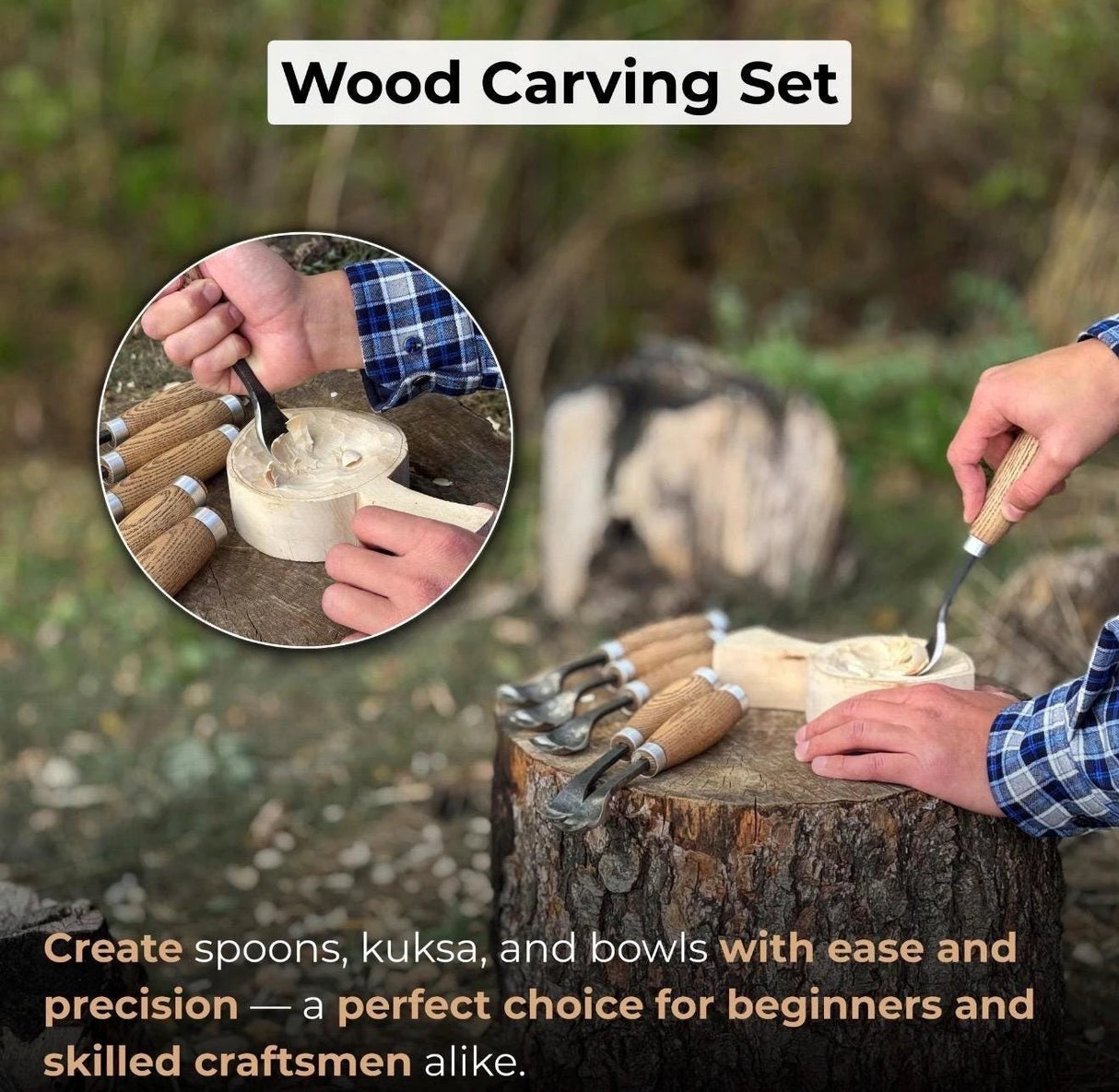 Professional Woodworking Tool Hand-Forged Spoon Carving Gouge Set – 52100 Steel, Ash Handles by CraftoriaShop