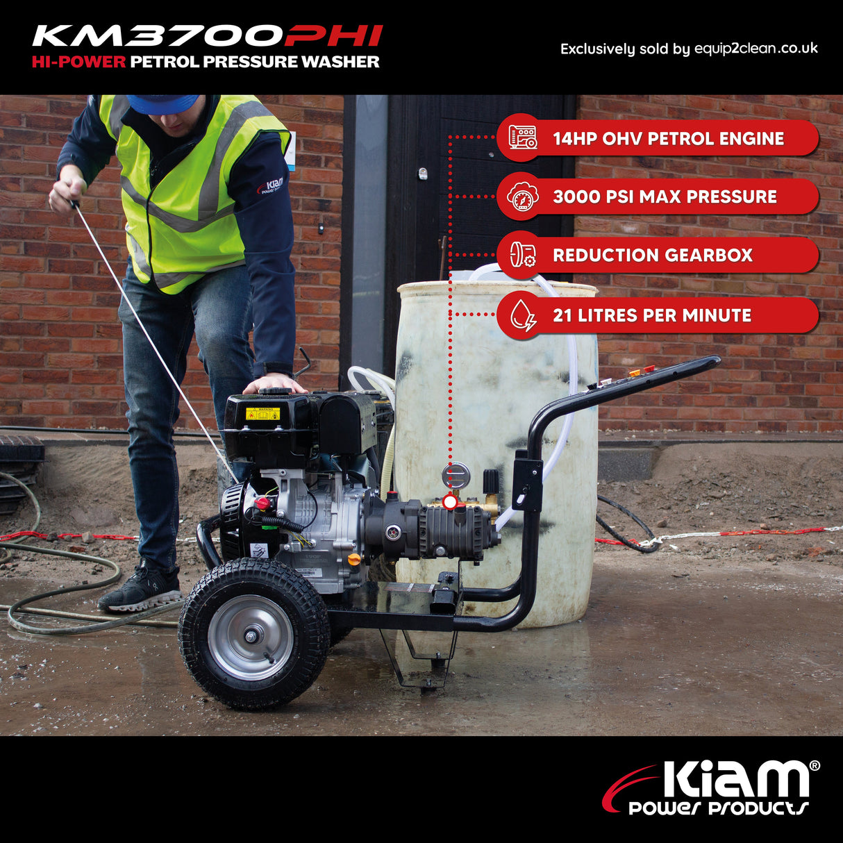 21LPM Petrol Pressure Washer – Kiam KM3700PHI HIFLOW | 14HP Jet Cleaner