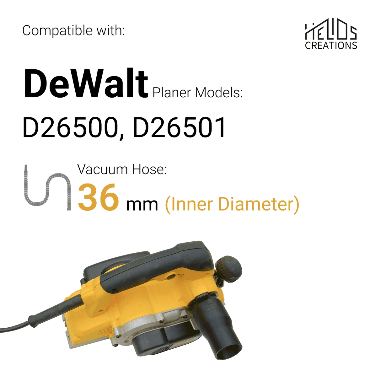 Vacuum Hose Adapter Compatible with DeWalt Planer D26500 / D26501 by Helios Creations