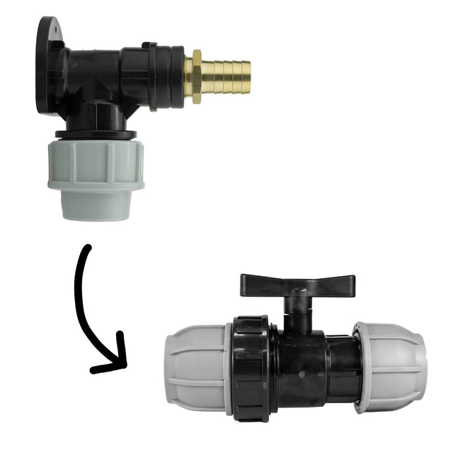 Wall Flange Kit 25mm MDPE + 25mm MDPE Valve + 19mm Brass Barb - Armstrong Cheshire