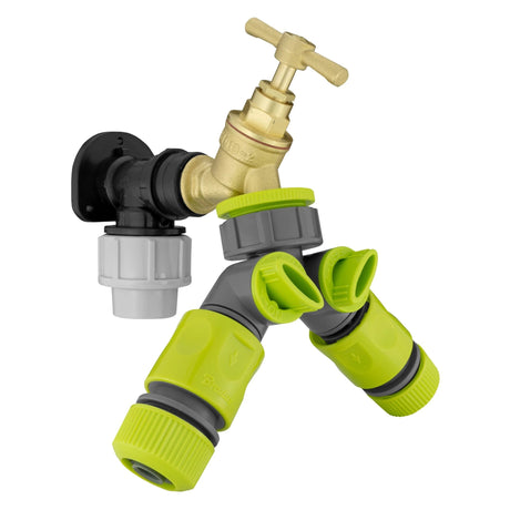 Wall Flange Kit 25mm MDPE + Brass Bib Tap + Two Way Splitter + Connectors - Armstrong Cheshire