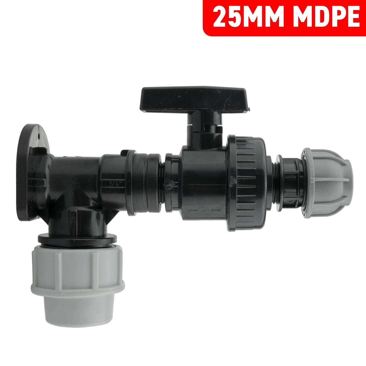 Wall Flange Kit 25mm MDPE + Large Plastic Valve & 20mm MDPE Straight - Armstrong Cheshire