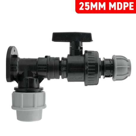Wall Flange Kit 25mm MDPE + Large Plastic Valve & 20mm MDPE Straight - Armstrong Cheshire