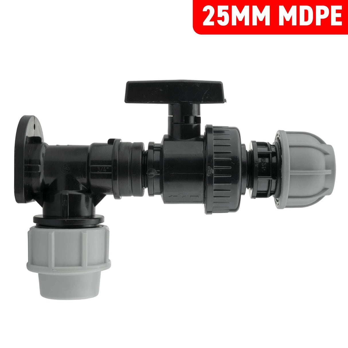 Wall Flange Kit 25mm MDPE + Large Plastic Valve & 25mm MDPE Straight - Armstrong Cheshire
