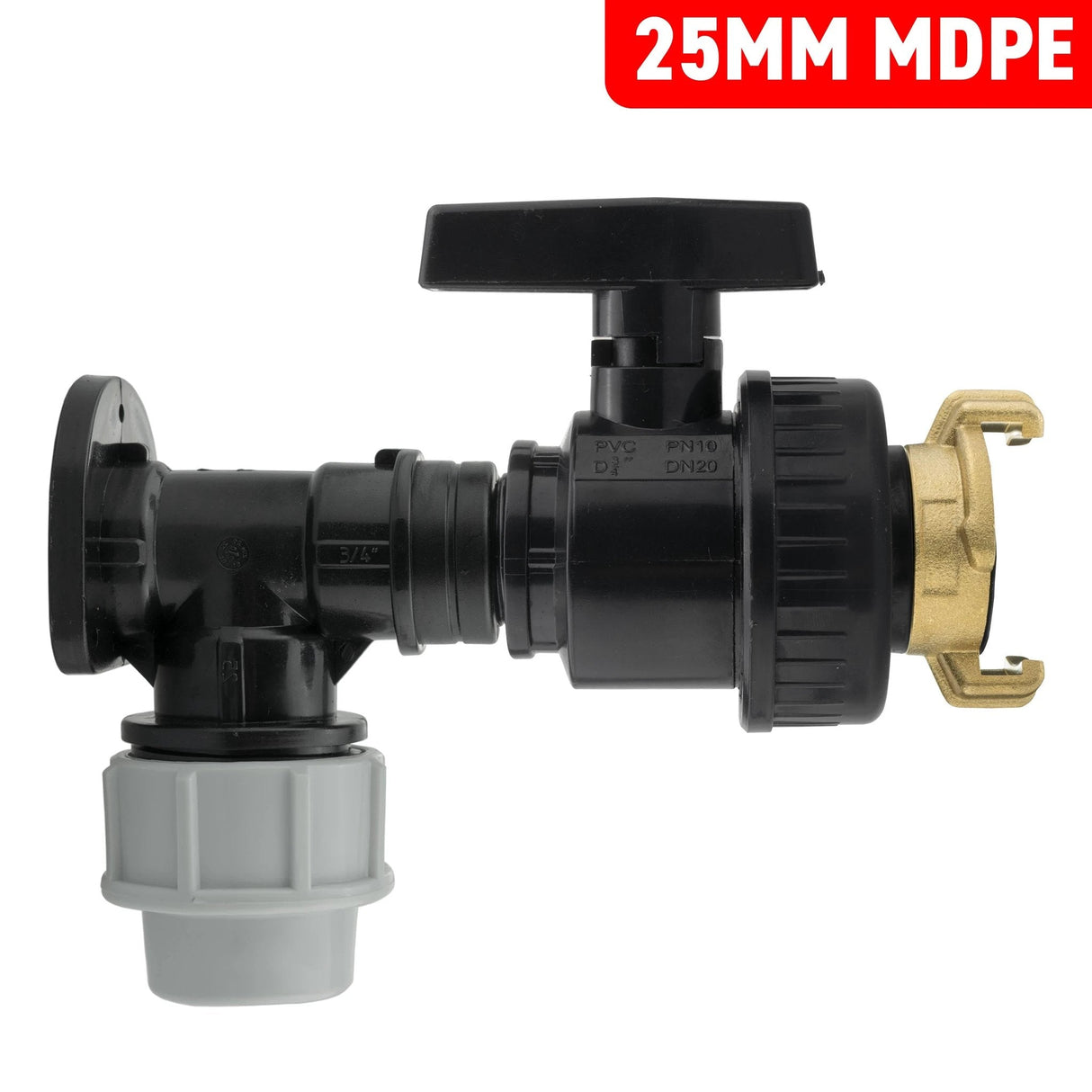 Wall Flange Kit 25mm MDPE + Large Plastic Valve + Geka - Armstrong Cheshire