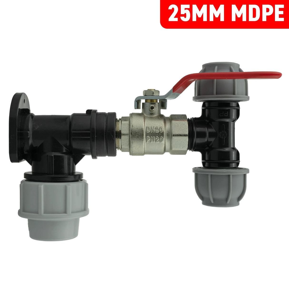 Wall Flange Kit 25mm MDPE + Lever Valve + 20mm MDPE Tee - Armstrong Cheshire