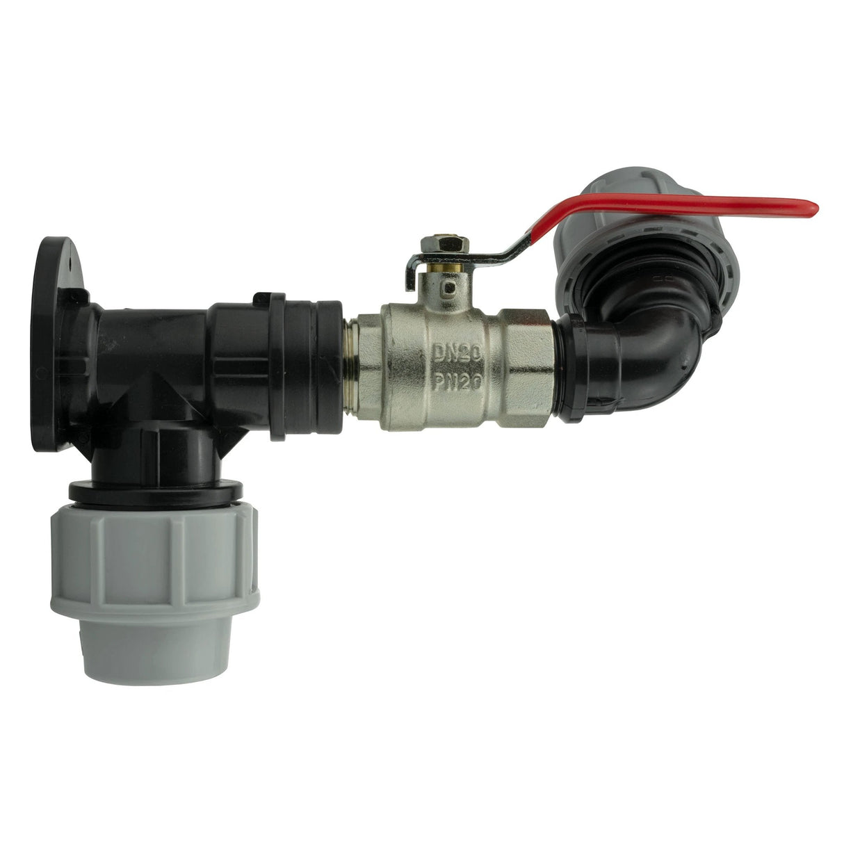 Wall Flange Kit 25mm MDPE + Lever Valve + 25mm MDPE Elbow - Armstrong Cheshire