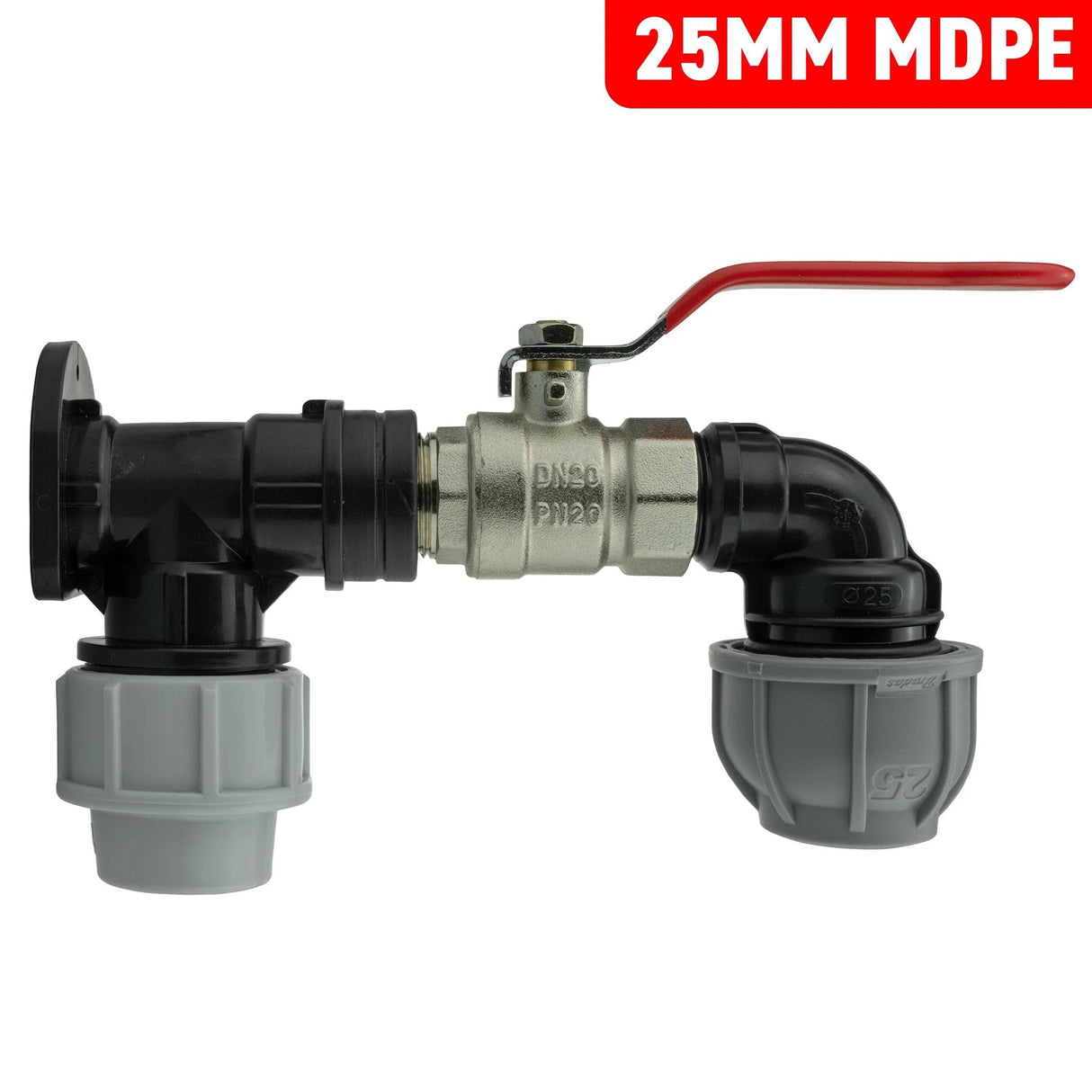 Wall Flange Kit 25mm MDPE + Lever Valve + 25mm MDPE Elbow - Armstrong Cheshire
