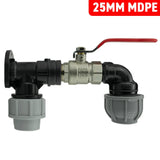 Wall Flange Kit 25mm MDPE + Lever Valve + 25mm MDPE Elbow - Armstrong Cheshire