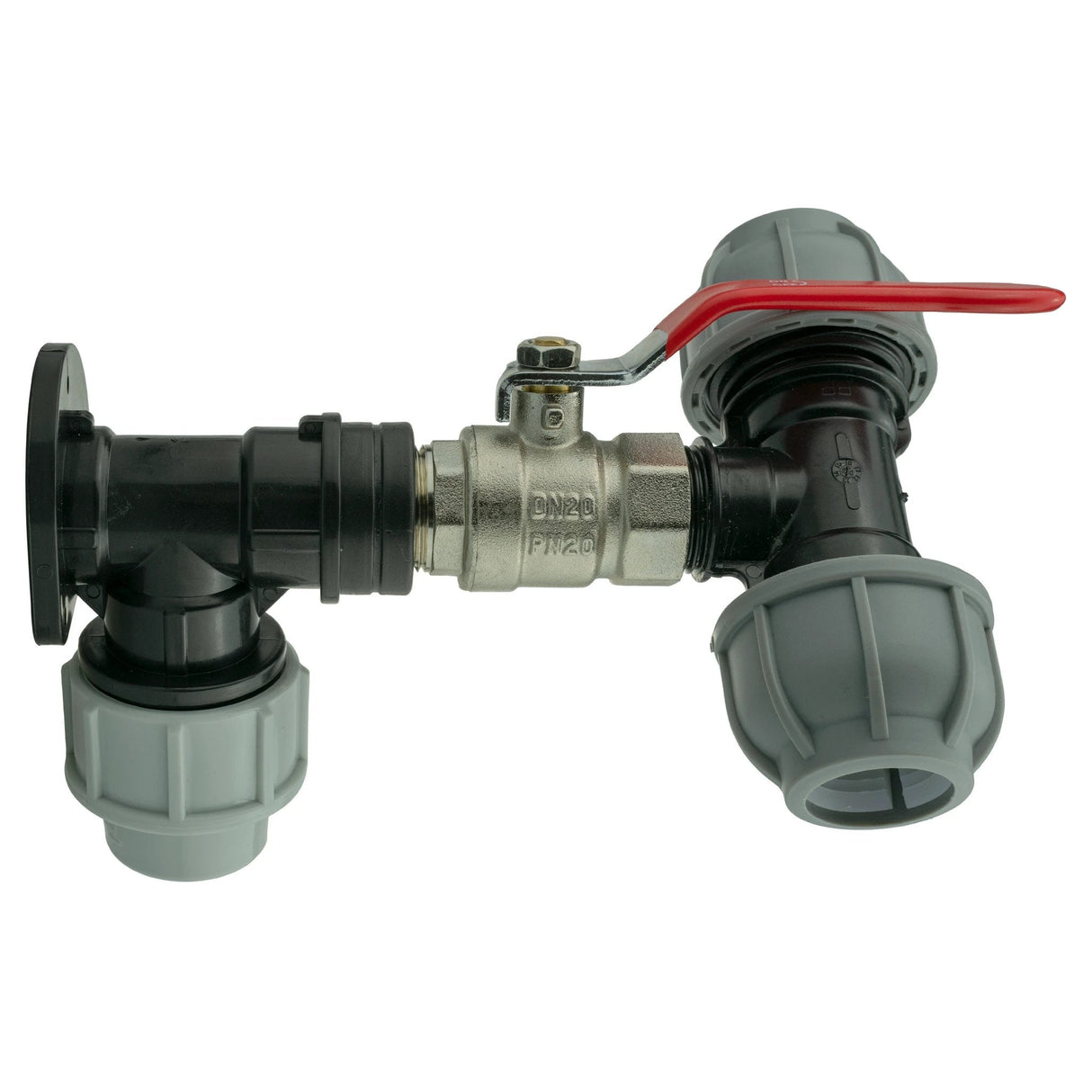 Wall Flange Kit 25mm MDPE + Lever Valve + 25mm MDPE Tee - Armstrong Cheshire