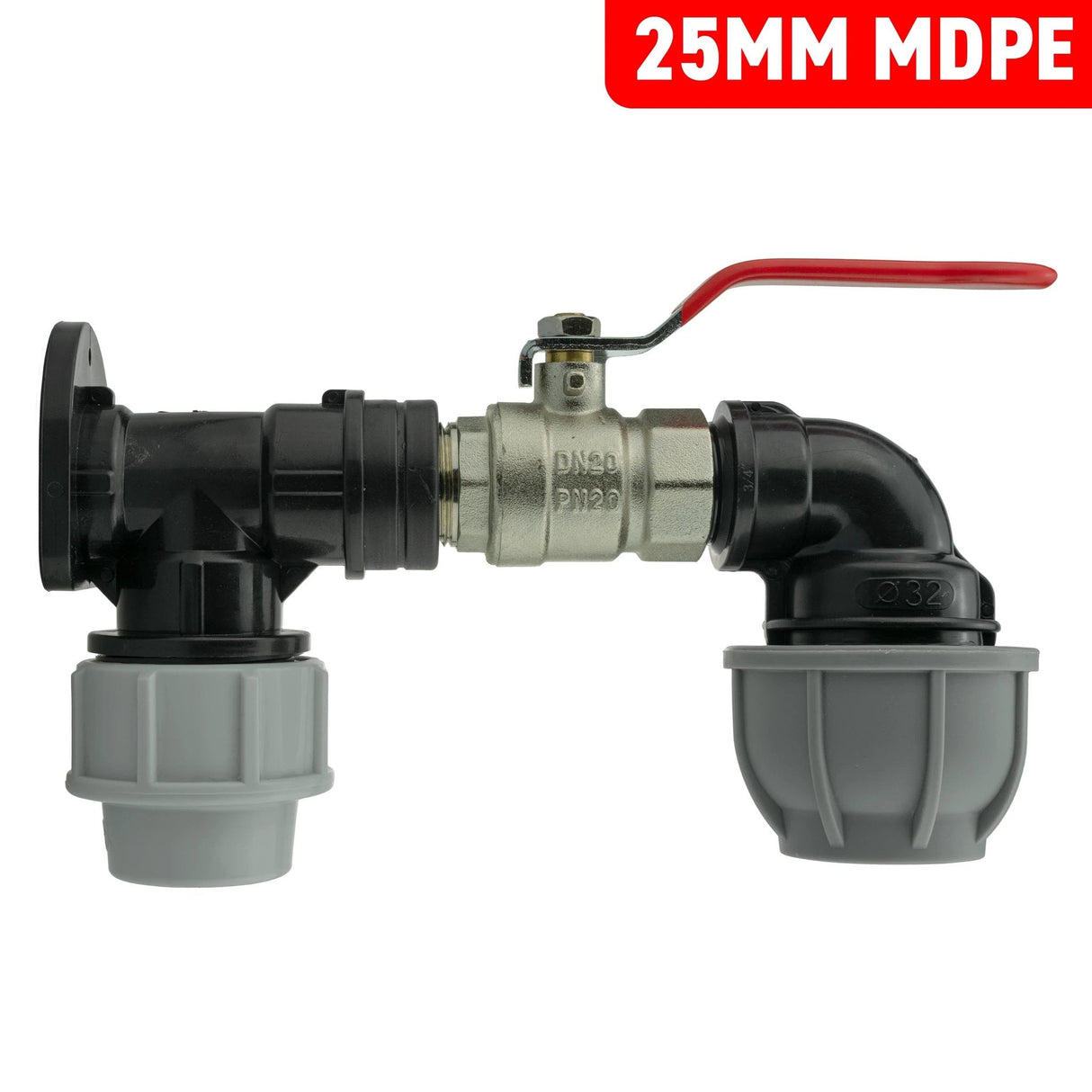 Wall Flange Kit 25mm MDPE + Lever Valve + 32mm MDPE Elbow - Armstrong Cheshire