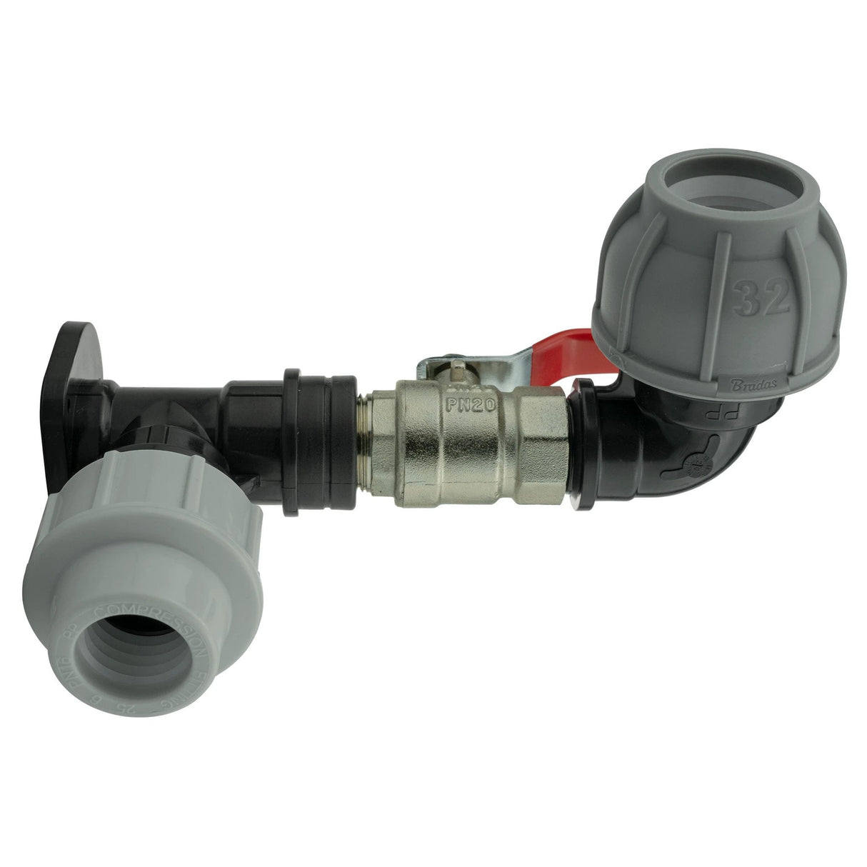 Wall Flange Kit 25mm MDPE + Lever Valve + 32mm MDPE Elbow - Armstrong Cheshire