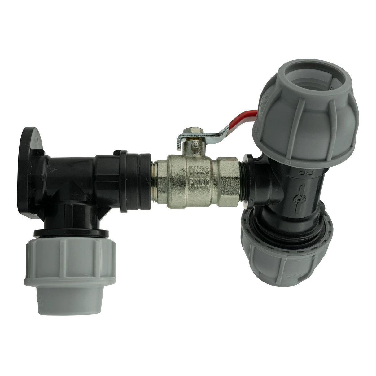 Wall Flange Kit 25mm MDPE + Lever Valve + 32mm MDPE Tee - Armstrong Cheshire