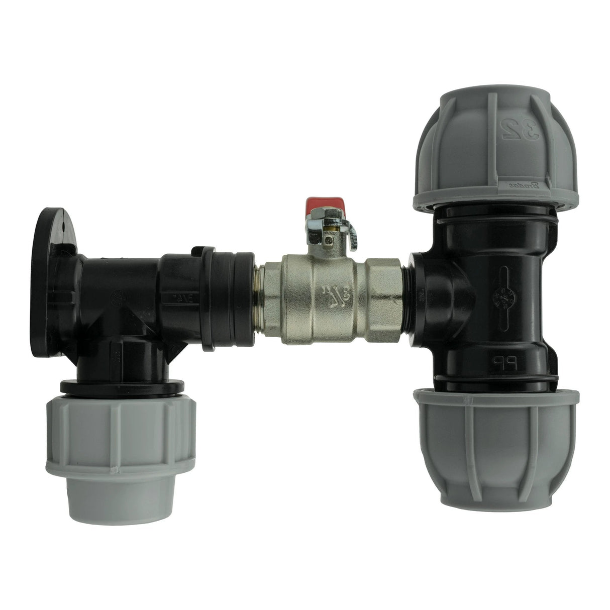 Wall Flange Kit 25mm MDPE + Lever Valve + 32mm MDPE Tee - Armstrong Cheshire