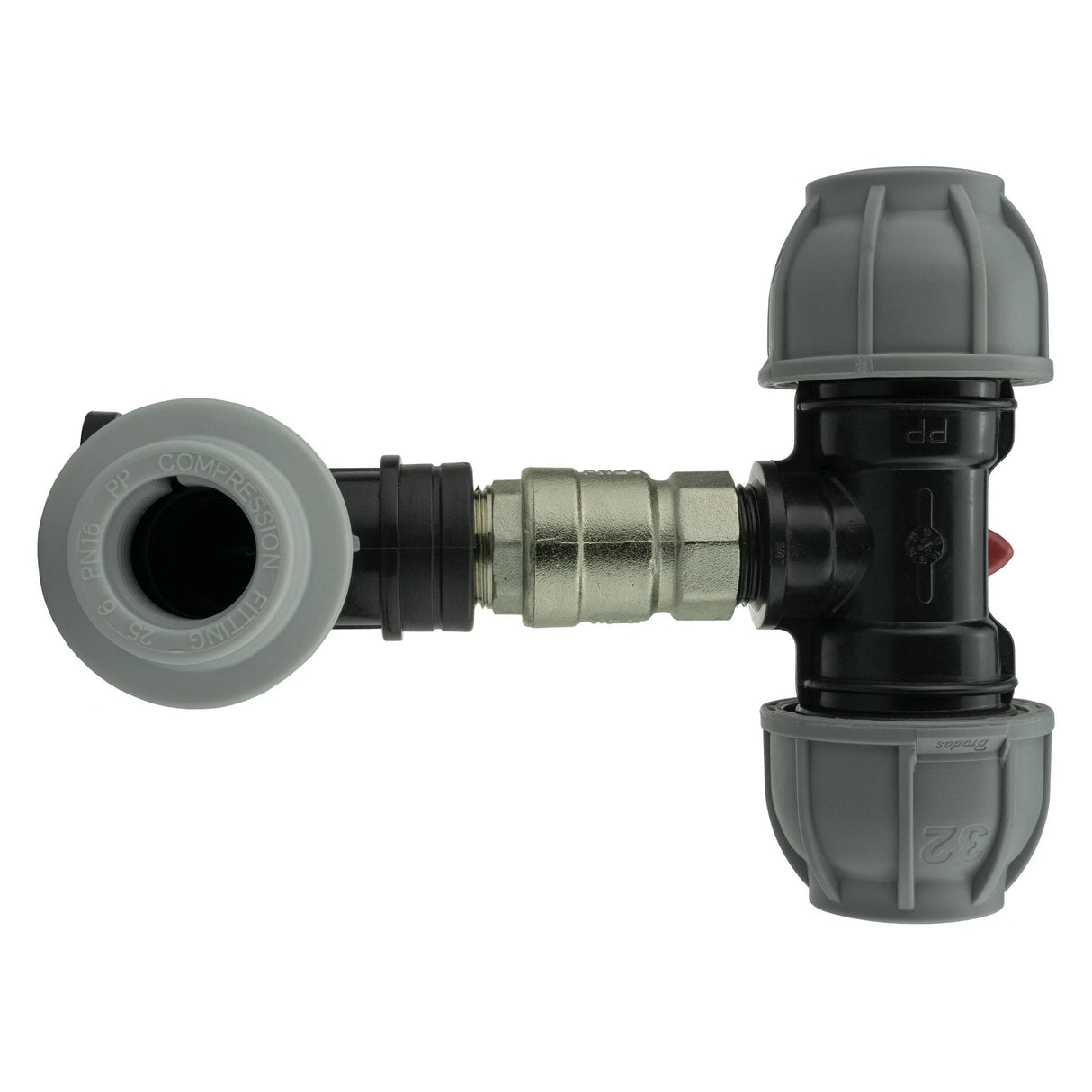 Wall Flange Kit 25mm MDPE + Lever Valve + 32mm MDPE Tee - Armstrong Cheshire