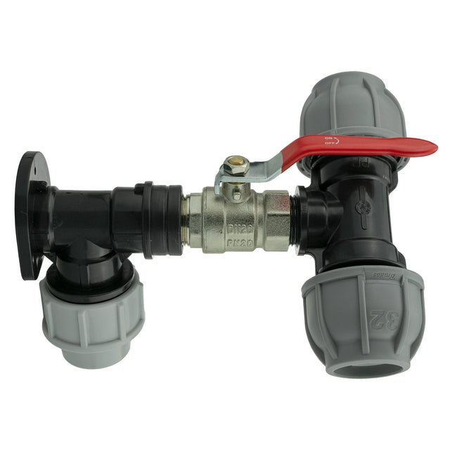 Wall Flange Kit 25mm MDPE + Lever Valve + 32mm MDPE Tee - Armstrong Cheshire