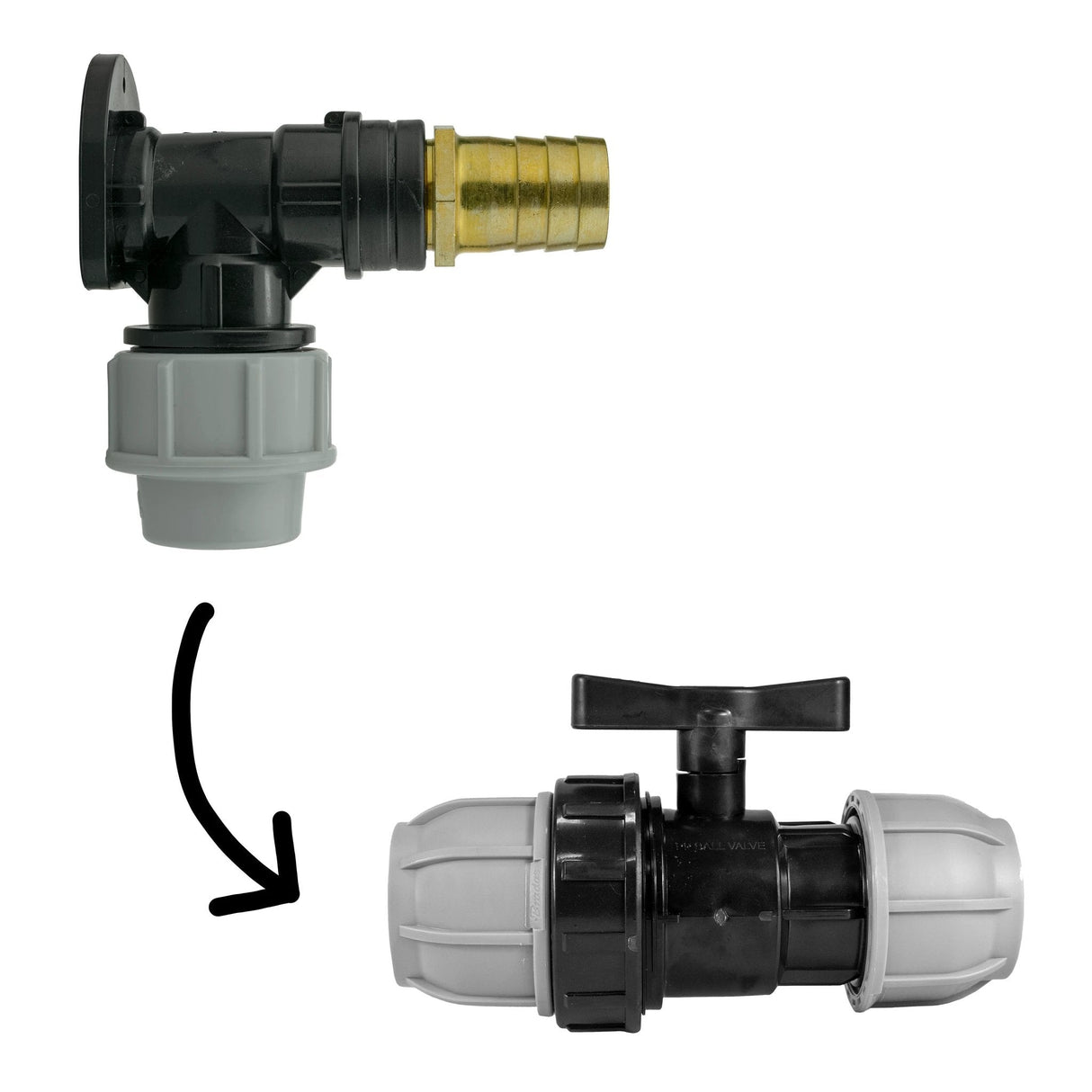 Wall Flange Kit 32mm MDPE + 32mm MDPE Valve + 25mm Brass Barb - Armstrong Cheshire