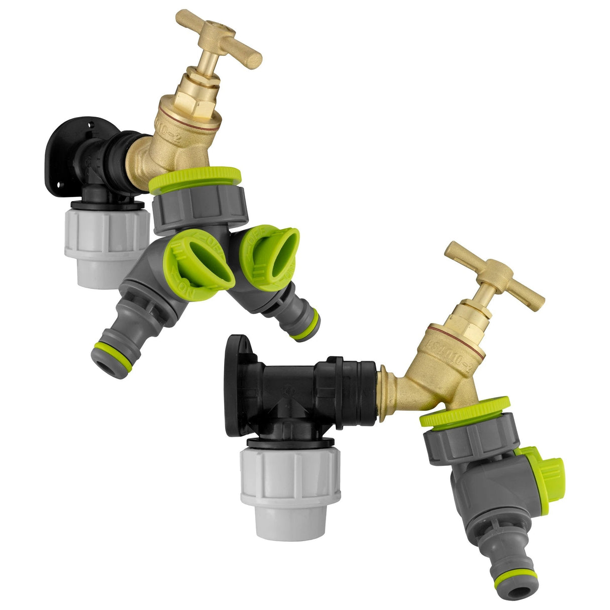 Wall Flange Kit 32mm MDPE + Brass Bib Tap + Lime Two Way Tap Splitter - Armstrong Cheshire