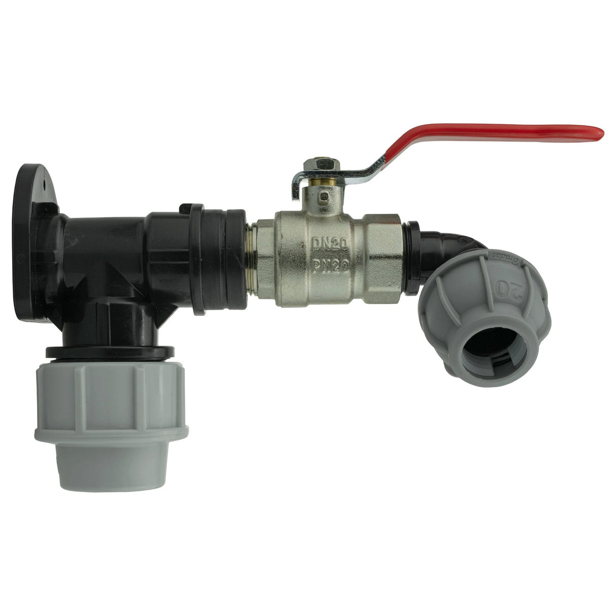 Wall Flange Kit 32mm MDPE + Lever Valve + 20mm MDPE Elbow - Armstrong Cheshire