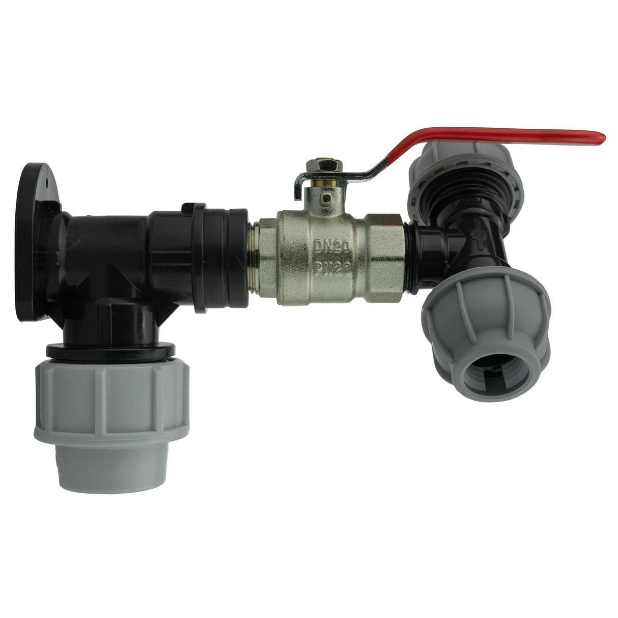 Wall Flange Kit 32mm MDPE + Lever Valve + 20mm MDPE Tee - Armstrong Cheshire