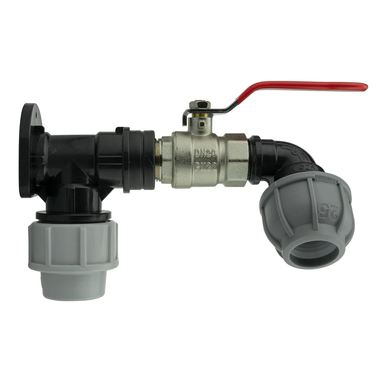 Wall Flange Kit 32mm MDPE + Lever Valve + 25mm MDPE Elbow - Armstrong Cheshire