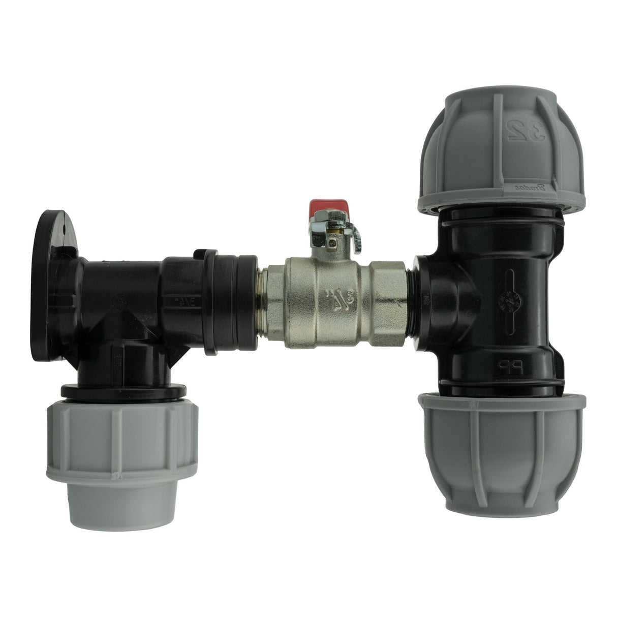 Wall Flange Kit 32mm MDPE + Lever Valve + 32mm MDPE Tee - Armstrong Cheshire