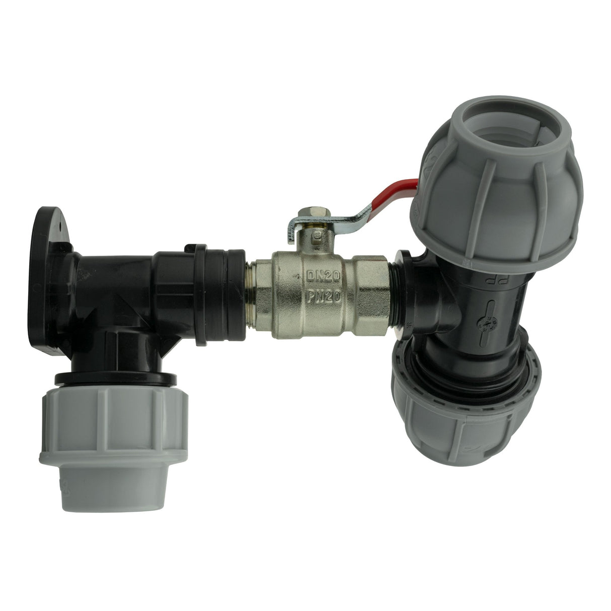 Wall Flange Kit 32mm MDPE + Lever Valve + 32mm MDPE Tee - Armstrong Cheshire