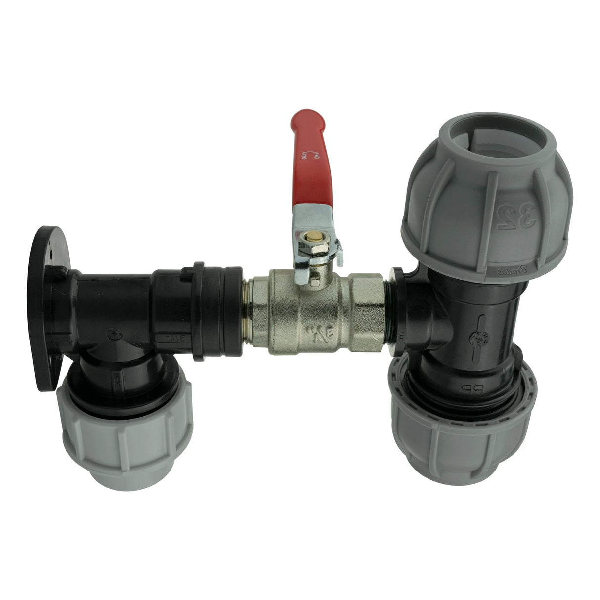 Wall Flange Kit 32mm MDPE + Lever Valve + 32mm MDPE Tee - Armstrong Cheshire