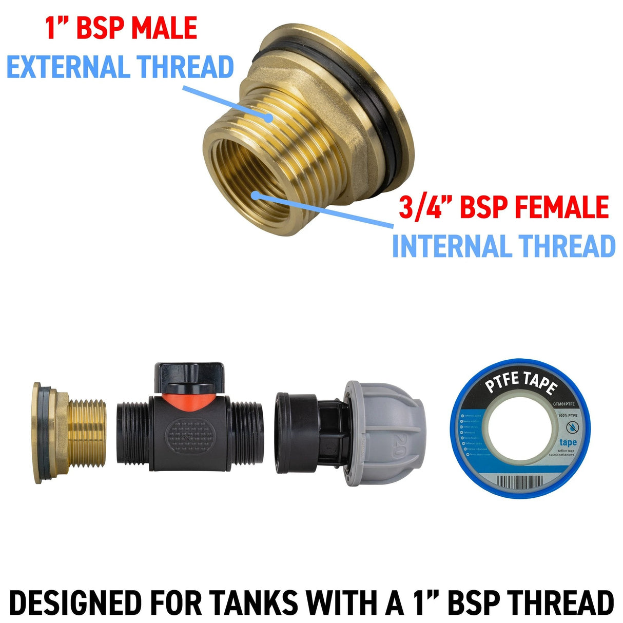 Water Butt Brass Kit 1" with In-Line Valve + 20mm MDPE - Armstrong Cheshire
