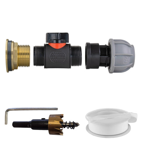 Water Butt Brass Kit 1" with In-Line Valve + 20mm MDPE and Drill Bit - Armstrong Cheshire
