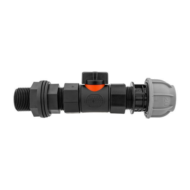 Water Butt Connector 3/4" BSP with In-Line BSPF Valve and 20mm MDPE Straight - Armstrong Cheshire