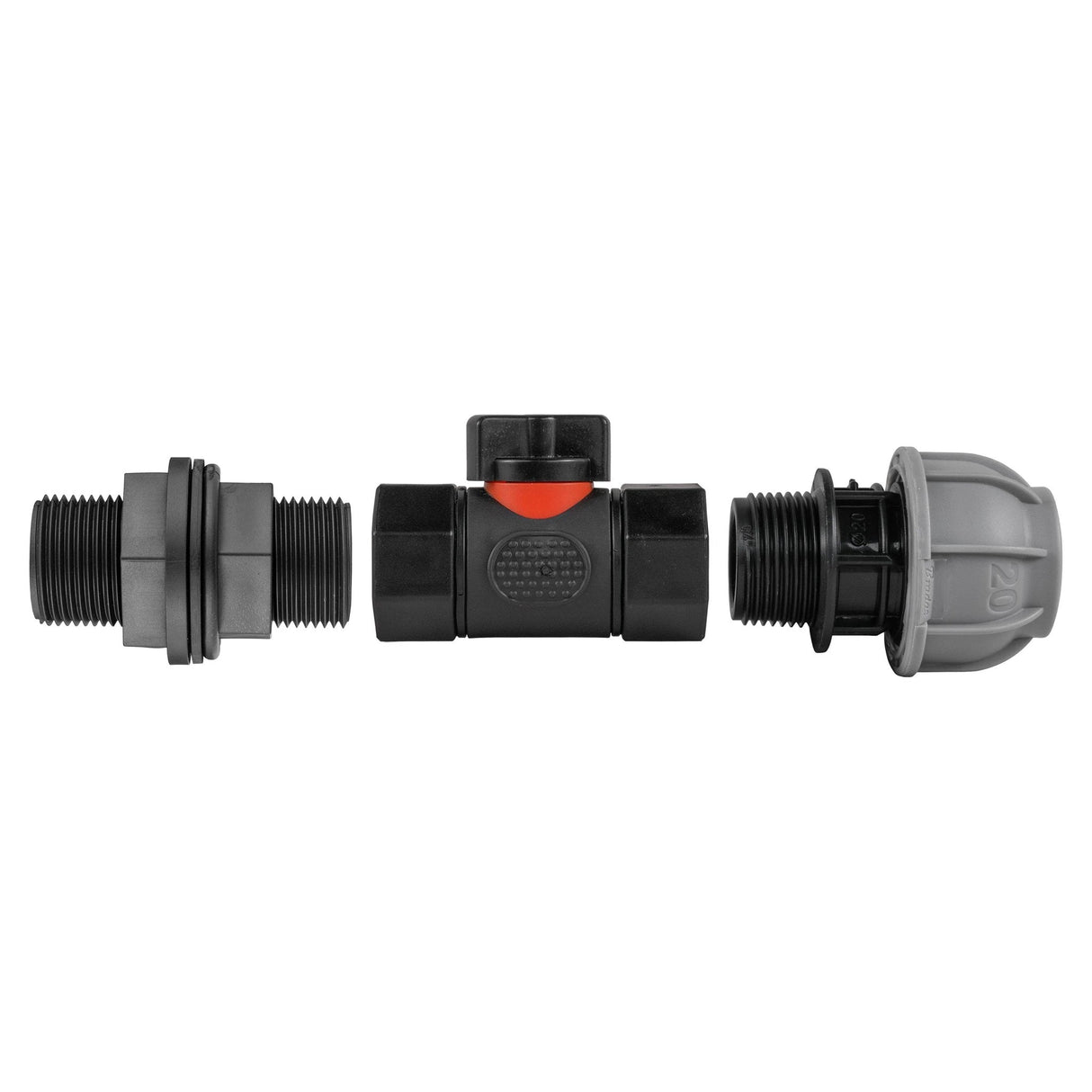 Water Butt Connector 3/4" BSP with In-Line BSPF Valve and 20mm MDPE Straight - Armstrong Cheshire