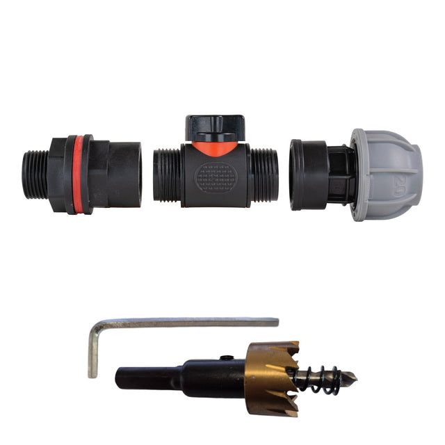 Water Butt Kit 3/4" with In-Line Valve + 25mm MDPE Joiner and Drill Bit - Armstrong Cheshire
