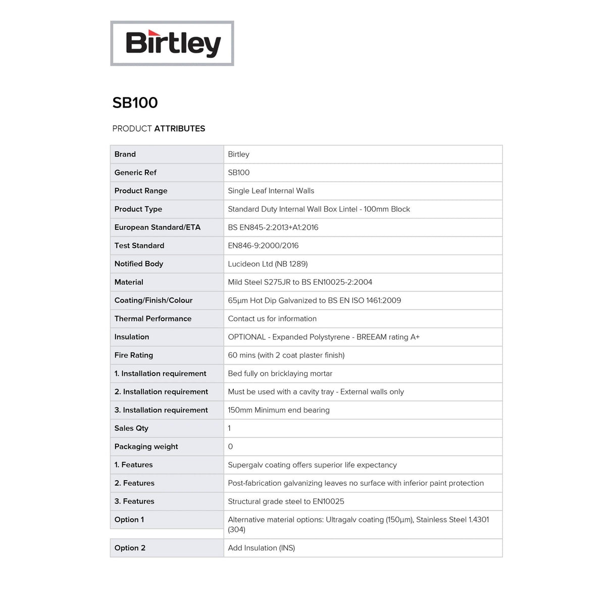 Birtley Internal Wall Box Lintel 100mm SB100 - Armstrong Cheshire