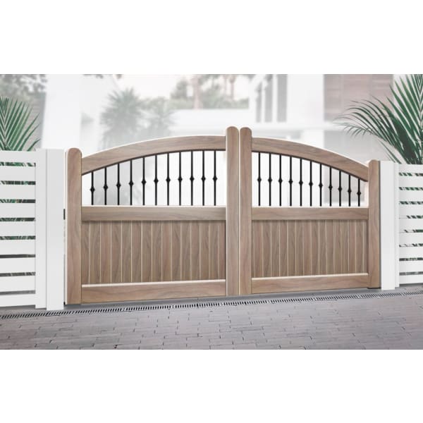 Curved Top Metal Double Driveway Gate with Mixed Infill Wood Effect (5636553670819)