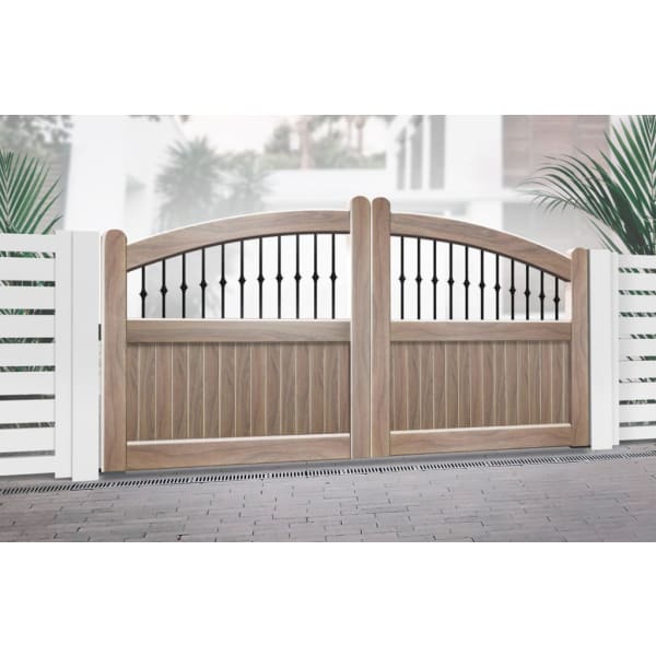 Curved Top Metal Double Driveway Gate with Mixed Infill Wood Effect